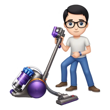 Man with black hair and blue eyes with glasses using a dyson on the floor sticker