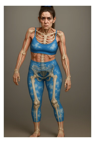 Donna in abbigliamento sportivo, postura asimmetrica, stile medico realistico, muscoli e ossa visibili, segni specifici di stress cronico: mascella serrata, spalle sollevate, rughe sulla fronte, occhiaie marcate, mani contratte, sfondo neutro, formato verticale. sticker