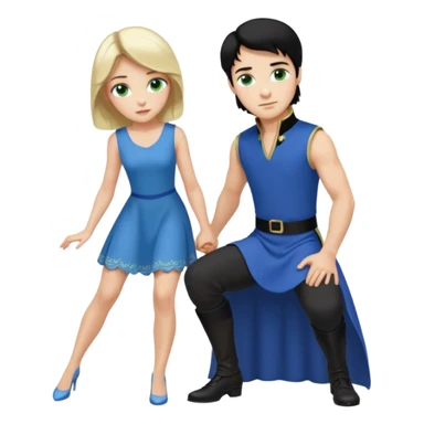 prince, black hair, blue eyes, blue garment,  Woman, blonde Hair, green eyes, bending knee, sleveless white dress, sticker