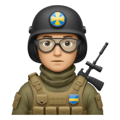 Ukrainian Intelligance agency warrior man in platecarrier with nato riffle in helmet, balaclava, poncho and ballistic glasses sticker