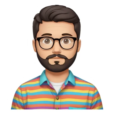 a 30-year-old man with light skin, medium solid build, wide face, soft cheeks, rounded jawline, neutral relaxed expression, short dense full beard, wavy voluminous brown-black hair at the front, large rectangular black thick frame glasses, colorful button-up shirt open showing white t-shirt sticker