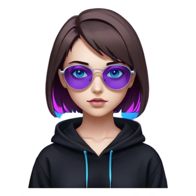 
girl with brown bob and blue eyes in a black hoodie and sunglasses. Cyberpunk style. Violet neon. sticker