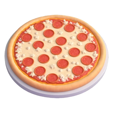 uncooked frozen pizza, round shape, pale dough base, evenly placed toppings like cheese, tomato sauce, pepperoni or vegetables, firm surface, slightly frosted with subtle ice crystals, matte finish, clean 3D rendering, soft lighting, subtle shadowing, emoji scale sticker