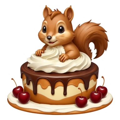 A large caramel custard decorated with chocolate and almonds to resemble a squirrel. Whipped cream with streaks of chocolate forms the shape of the squirrel's tail. It is topped with a cherry. sticker