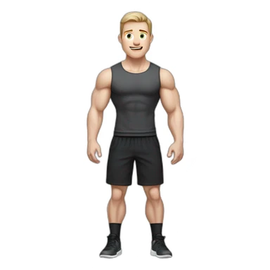 amazed Pale skinned Fit Man With the biceps and dark brown hair in black shirt, gray sports shorts and white Sneakers sticker