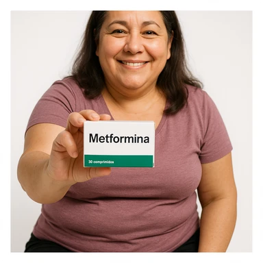 Hyperrealistic 4K vertical 9:16 image of a slightly overweight woman sitting, showing a box of Metformin towards the camera with the word 'Metformina' clearly visible and realistic, positive expression, white isolated background. sticker