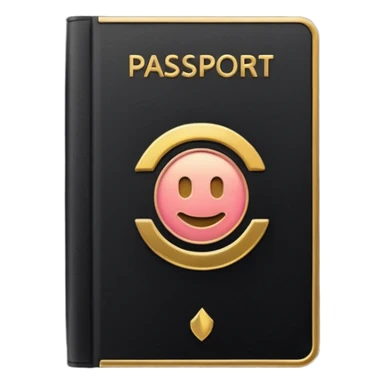 Minimal emoji icon of a black passport, matte cover, simple gold emblem, clean lighting sticker