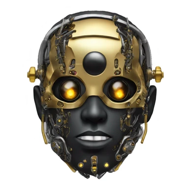 black metal male cyborg head with  one artificial eyeball, circuitry, goatee and dreaded yellow gold hair sticker