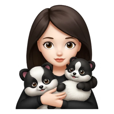 an brunette hair girl holding her pomeranian dog that looks like a panda sticker