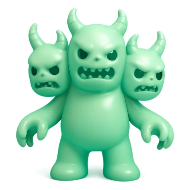 terrifying monster with multiple heads, twisted horns, clawed hands, eerie green glow, vinyl figure style sticker