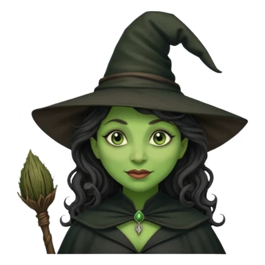 elphaba the wicked witch from wicked movie (cynthia erivo) dark long curly hair, thick lips, wide nose, green skins, witch hat, witch broom, evil, wicked musical film, smirk sticker