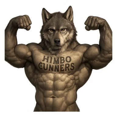 realistic, very muscular wolf furry, shirtless, 'Himbo Gunners' tattoo on chest, flexing with both arms, intense look sticker