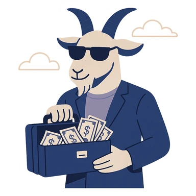 goat with sunglasses holding a briefcase full of cash, flat modern style, Middle Eastern wealth theme sticker