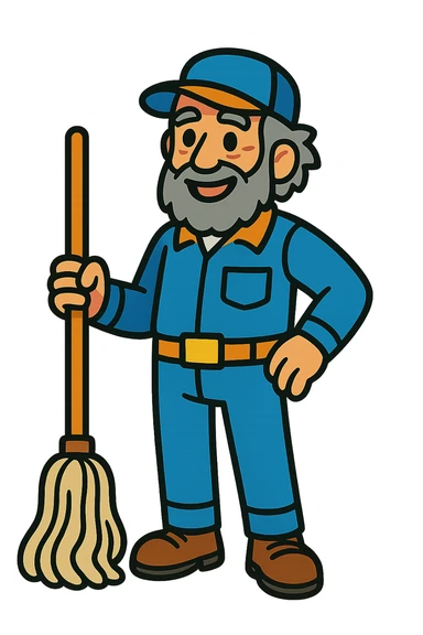 elderly janitor with gray beard and hair, wearing uniform, with mop beside him, colorful cartoon style sticker
