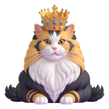 majestic calico maine coon cat with fluffy mane wearing a royal crown sticker