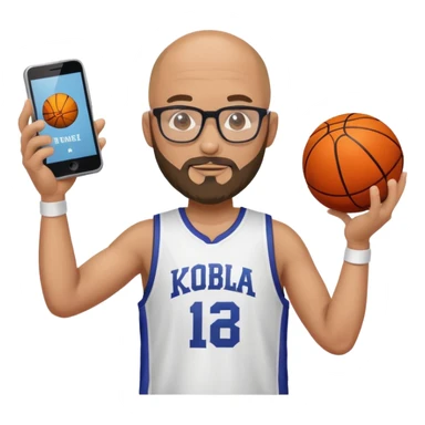 a bald bearded engineer with glasses wearing a kobe jersey with a phone in 1 hand and spinning a ball on the other sticker