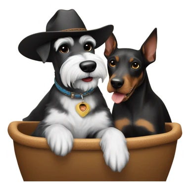 White and black Miniature schnauzer being ridden by a Doberman pincher wearing a cowboy hat sticker