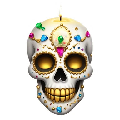 Realistic white sugar skull decorated with colorful rhinestones with a tall metallic gold candle on top of its head dripping down melted metallic gold wax down the skull sticker