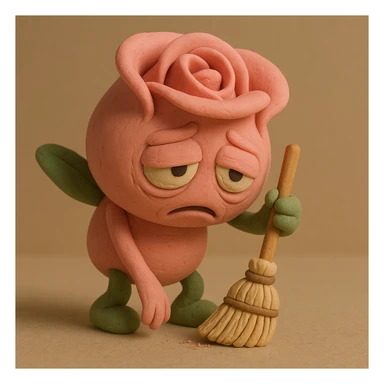 Make it a soft pink rose flower character with droopy eyes, exhausted face, and slumped posture while sweeping with a tiny broom, using the same characteristics, color, and claymation style as this image. sticker