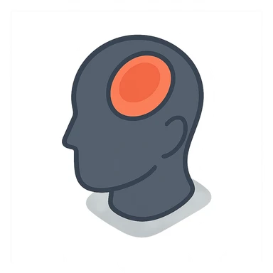 silhouette of a head with a red spot on the forehead area symbolizing headache, clear shadows and highlights, 2D isometric style sticker
