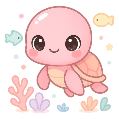 extremely cute underwater cartoon turtle, big round head, huge sparkling eyes, small smiling mouth, pink shiny skin, rosy cheeks, soft pastel colors, plastic toy-like texture, chibi style, surrounded by colorful fish and coral, gentle lighting, 3D-rendered, high detail, kawaii aesthetic sticker