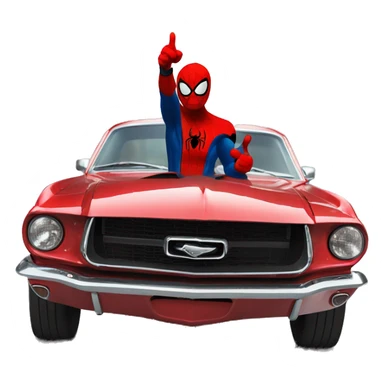 Spider-Man giving a thumbs up standing next to a 65 black Mustang fastback sticker