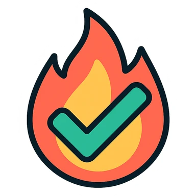 checkmark with fire, technical and SaaS-inspired, color outline icon, suitable for a software agency sticker
