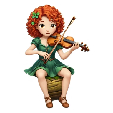 forest sticker character, curly red-haired woman playing violin on mossy log, mushrooms and fireflies around sticker