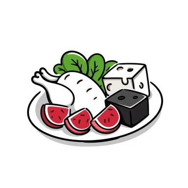 A plate with red meat, chicken, spinach, and cheese arranged together. sticker