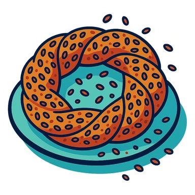 a simit, with sesame seeds falling off, on a simple plate sticker
