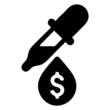 solid icon of a pipette at the top of a golden drop with a dollar sign inside the drop sticker