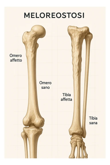 A highly realistic medical illustration focusing on a human arm and leg bones affected by melorheostosis. The bones appear visibly thickened, irregular, and larger than normal, with clear, layered bone growth resembling melted wax dripping down the side of the bones. The image shows a side-by-side comparison with a healthy bone for clarity, highlighting the difference in size and texture. The color palette includes neutral bone colors with subtle shading to show the abnormal contours and ridges. The background is clean and minimalistic, with faint anatomical grid lines for a scientific, educational feel. The overall mood is informative and precise, conveying the key visual characteristic of melorheostosis: progressive bone thickening that makes bones visibly larger and irregular. in italiano sticker
