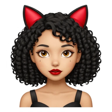 lightskin girl with black curly hair, red lipstick, black cat ears sticker