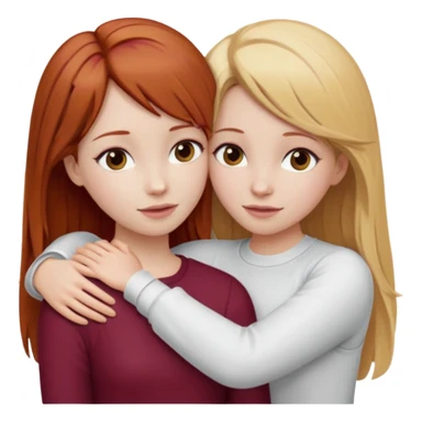 two girls who hug eachother. one has auburn hair with blonde highlights and very pale skin and is wearing white outfit, other has medium-fair skin and blonde hair and is wearing a burgundy outfit sticker
