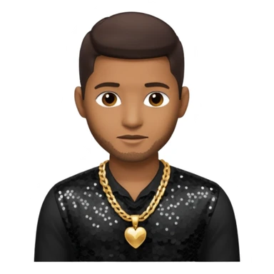 Usher with dark brown hair, black sequin dress shirt with necklace and chest out sticker