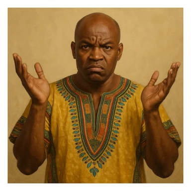 Сгенерируй мне афроамериканца в национальном африканском костюме, лысого,  . Строго в анфас. Его лицо чуточку недовольно, а руками он размахивает и разводит в сторону. На однородном фоне. В стиле реалистичной живописи. Он полностью помещается в экран и не обрезается краями изображения sticker