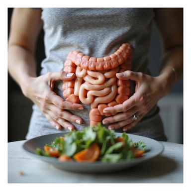 adult woman, photorealistic, on a diet to fix intestines, painful expression, hands on abdomen, healthy food plate in front, visual focus on intestines highlighted or transparent, natural light, kitchen background sticker