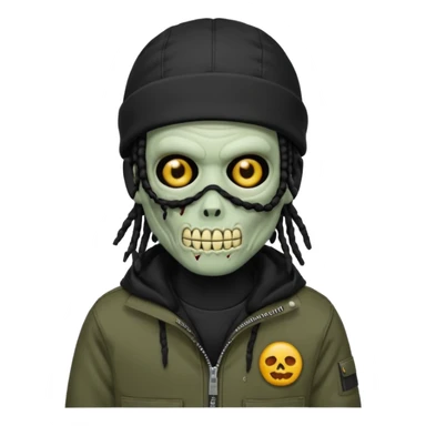 a zombie emoji with black dreads and a black carheartt jacket and black nike ski mask on his head sticker