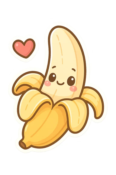 chibi sticker-style banana with a heart accent, cute and exaggerated sticker