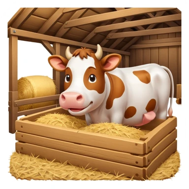 cute cow feeding scene inside a cow barn, wooden stable, hay bales, feeding trough, happy cow eating hay, warm farm lighting, 3D cartoon, mobile game icon style, clean background, no text, no watermark
 sticker