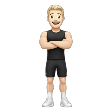 Joyful Celebrating victory Pale skinned Fit Man With the biceps and dark brown hair in black shirt, gray sports shorts and white Sneakers sticker