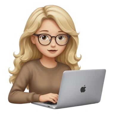 blonde girl with long dark blonde wavy hair, pantos-style glasses, a brown sweater, sitting with a laptop, looking in laptop, soft pastel, upper body shot sticker