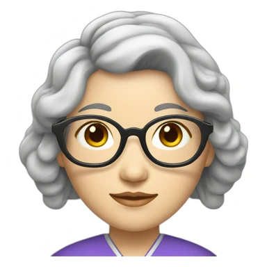 Chinese lady with lightly wavy grey hair to the shoulder lens wear glasses with Chinese dress sticker