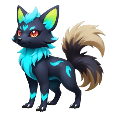 Rare realistic dark-neon glowing bioluminescent edgy badass epic pretty beautiful handsome gorgeous aesthetic colorful vibrant Vernid-Trico-Zorua-hybrid-species-Fakemon-creature by LiLaiRa, 4 legs, 1 tail, random markings, (full body) sticker