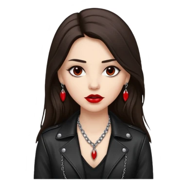 brunette with very long hair in black cuir jacket with red lips and very dark brown eyes and white shirt and mysterious necklace without ear piercing sticker