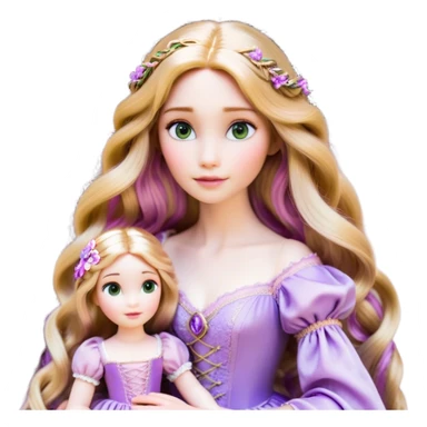 Cinematic Realistic Rapunzel Portrait, with porcelain-like skin featuring a subtle, natural glow, illuminated by soft lighting that brings out the gentle contours of her face. Her long, golden blonde hair cascades in detailed waves, each strand highlighted with a radiant shimmer as it catches the light. Her bright, expressive green eyes exude curiosity and warmth, framed by delicate lashes and soft, arched brows. Her expression is playful and vibrant, with a gentle smile. She is dressed in her classic lavender and pink gown, the fabric textured with delicate folds that flow naturally, catching the light with a soft, radiant glow. The portrait captures a luminous, enchanting aura, seamlessly blending realism with a whimsical, fairytale charm, evoking a timeless sense of beauty and magic. sticker