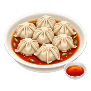 Chengdu Zhong dumplings with red oil sauce, simplified emoji style with bold outlines and bright colors, cartoon style Sichuan spicy water dumplings sticker