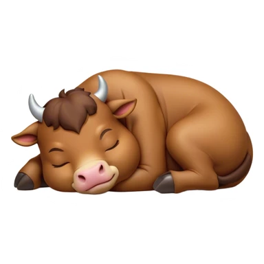 Meme-Worthy Cute Sleeping Brown Bull Portrait Emoji, Head resting peacefully with a contented smile, showcasing a robust, massive build and a luxuriously soft rich brown hide, eyes shut in a serene, restful nap, Simplified yet hilariously adorable features, highly detailed, glowing with a soft, drowsy light, high shine, relaxed and utterly lovable, stylized with an air of playful laziness, bright and heartwarming, soft glowing outline, capturing the essence of a comically sleepy guardian, so meme-worthy it feels like it could instantly become the next viral sensation of adorable slumber! sticker