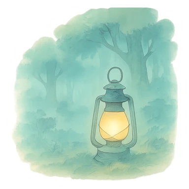 lantern glowing softly in the misty woods, calm and dreamy feel, soft pastel colors, ghibli style sticker