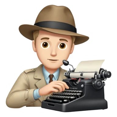 white man journalist typing on a vintage typewriter, press badge on hat sticker